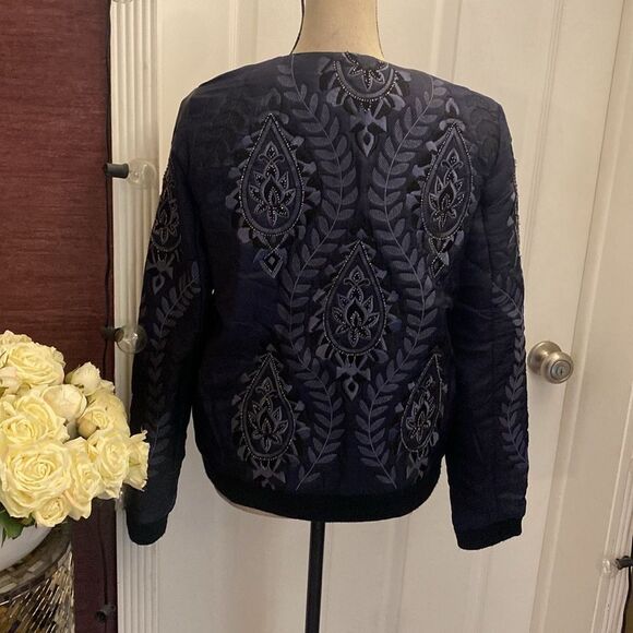 Parker Navy Blue silk Embroidered/beaded Women's bomber jacket , L - Picture 9 of 12